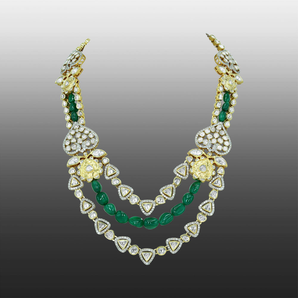 Layered Polki Necklace with Emerald Maniya and Floral Motifs
